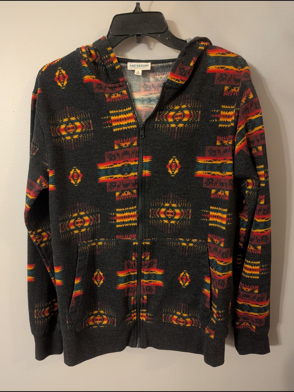 EARTHBOUND Men's Dark Gray Zip Hoodie with Southwestern Pattern